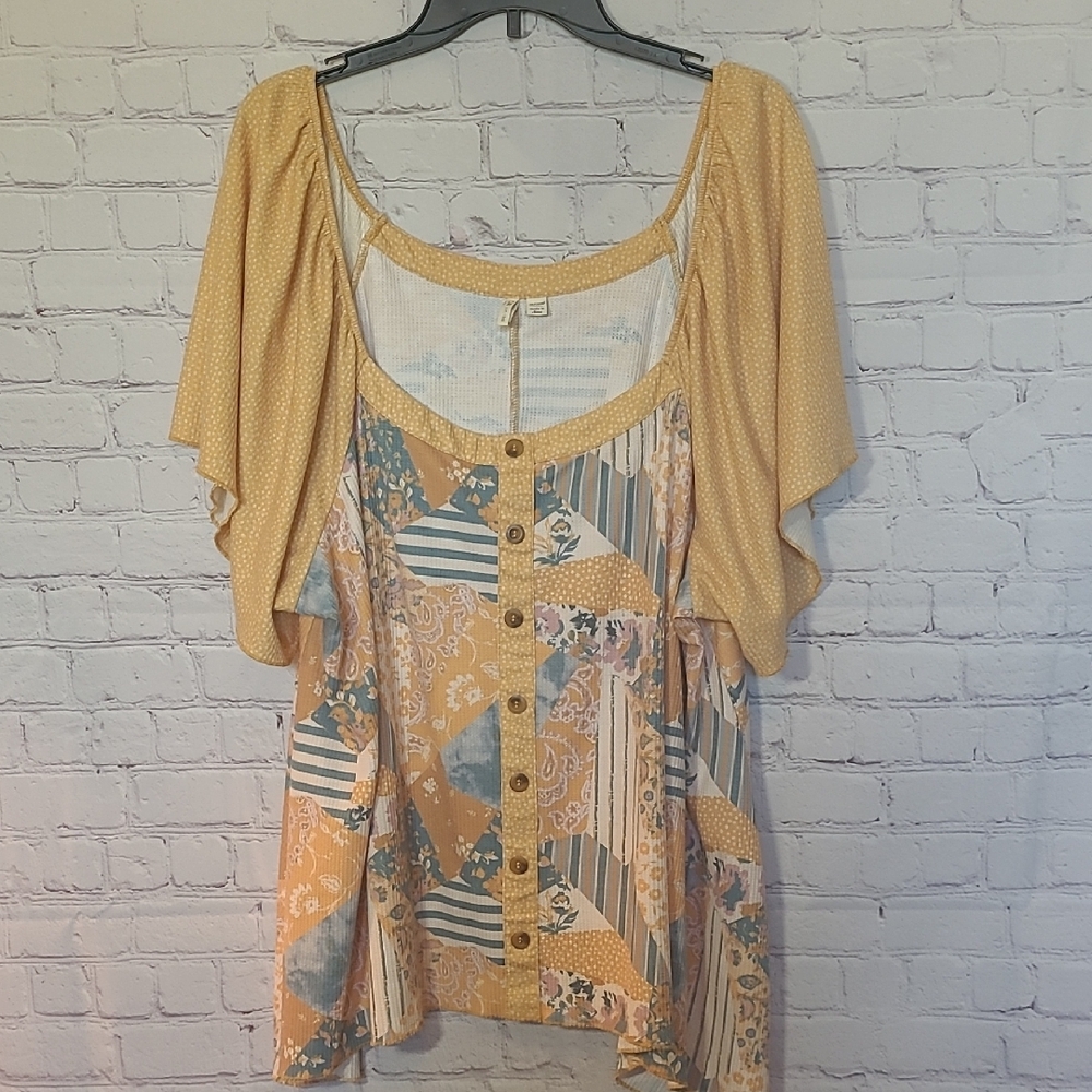 Butter yellow teal Cato 26/28W Boho Patchwork Pattern Top Half Flutter Sleeve